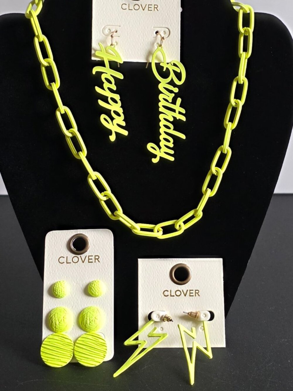 Clover Neon Yellow Birthday Necklace Earrings 80s Costume NWT